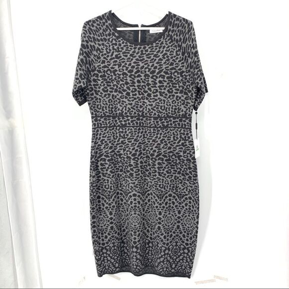 Calvin Klein NWT Leopard Print S/S Acrylic Stretchy Soft Sweater Dress - Picture 1 of 15